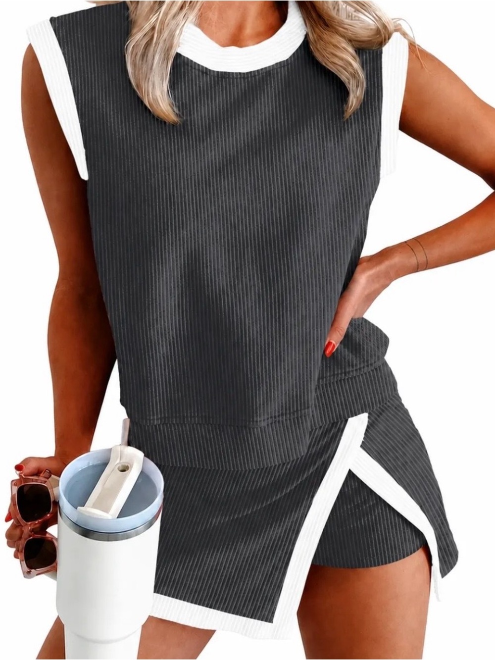 Women’s Two-Piece Ribbed Tank and Skirt Set - Black & White
